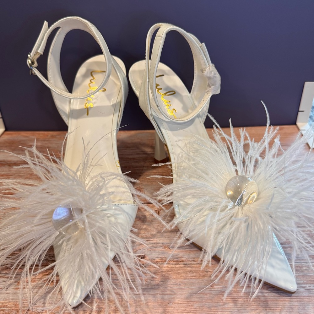 White Patent Feather High Heels